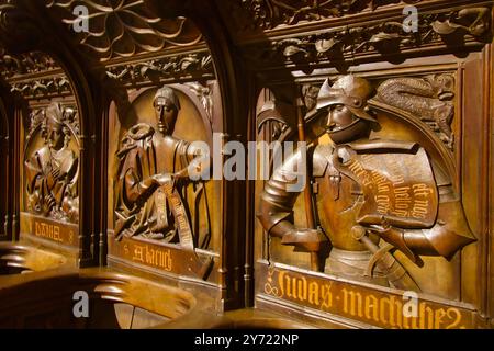 Détail gros plan des stands médiévaux de chœur en bois sculpté dans la cathédrale Santa Maria Leon Castille et Léon Espagne Banque D'Images