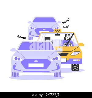 Service de taxi. Voiture de taxi jaune dans un embouteillage. Cabine d'automobile avec conducteur assis à l'intérieur et attendant le mouvement. Idée des transports publics urbains. Illustration vectorielle plate Illustration de Vecteur