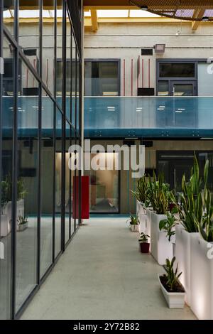 Plan d'arrière-plan d'un immeuble de bureaux de deux étages avec couloir présentant des plantes vertes comme décoration. Centre de bureau contemporain à l'intérieur avec design intérieur industriel, espace copie Banque D'Images