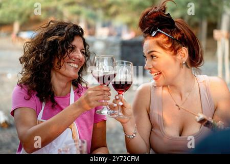 Deux amies joyeuses toast avec des verres de vin rouge lors d'une réunion en plein air. Amitié diversifiée, interaction sociale et célébration dans un nat Banque D'Images