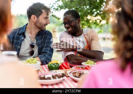 Deux amis divers, un Caucasien et un Afro-américain, partageant un moment joyeux lors d’un pique-nique en plein air. Amitié multiculturelle et sociale dans Banque D'Images