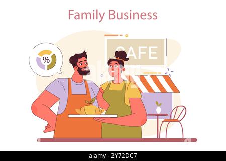 Entreprise familiale. Personnages démarrant et développant une nouvelle start-up ou une entreprise locale. Couple debout devant leur caffe ou restaurant. Restaurateurs indépendants. Illustration vectorielle plate Illustration de Vecteur