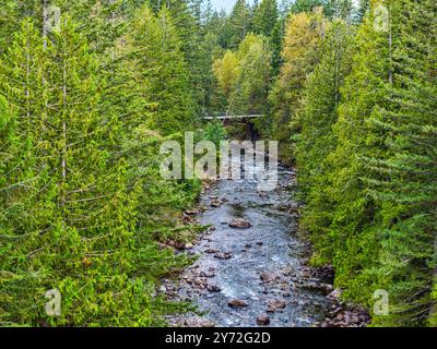 Vue de la rivière Snoqualmie depuis un drone à North Bend, Washington. Banque D'Images