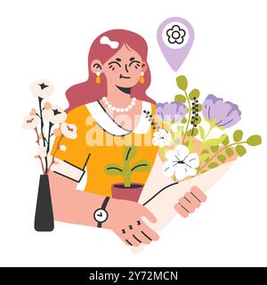 Fleuriste. Designer floral féminin faisant ou arrangeant bouquet pour les clients. Femme souriante dans un tablier tenant des fleurs. Entreprise floristique populaire moderne. Illustration vectorielle plate Illustration de Vecteur