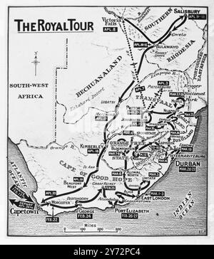 Plan de la visite royale. Cette carte spécialement préparée pour l'AP , Reuter photos, montre en détail l'itinéraire complexe qui sera suivi par leurs Majestés le Roi et la Reine et les Princesses lors de leur visite en Afrique du Sud et en Rhodésie du Sud, commençant par l'arrivée du HMS Vanguard au Cap le 17 février et se terminant le 24 avril. 9 février 1947 Banque D'Images