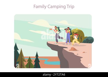 Voyage en famille. Grande famille avec enfants camping ou randonnée sur des vacances d'été. Maman papa et enfants explorant la nature à travers les montagnes. Illustration vectorielle plate Illustration de Vecteur