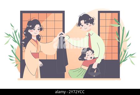 Routine quotidienne d'une famille asiatique. Homme japonais rentrant d'une journée de travail. Femme et enfant accueillent un père à la maison. Fille embrassant son père. Illustration vectorielle plate Illustration de Vecteur