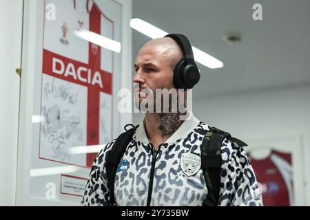 Eccles, Royaume-Uni. 27 septembre 2024. Zak Hardaker de Leigh Leopards arrive lors du play-off de Betfred Super League Eliminator 1 Salford Red Devils v Leigh Leopards au Salford Community Stadium, Eccles, Royaume-Uni, le 27 septembre 2024 (photo par Mark Cosgrove/News images) à Eccles, Royaume-Uni le 27/09/2024. (Photo de Mark Cosgrove/News images/SIPA USA) crédit : SIPA USA/Alamy Live News Banque D'Images