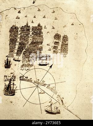 Venise, en tant qu'amiral turc à la retraite, l'a vu au début du XVIe siècle : une miniature du travail géographique de Piri Reis sur la Méditerranée ; montrant un arsenal avec la construction de galères ; la lagune ; et des gondoles. 1513 Banque D'Images