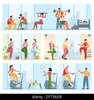 Les gens faisant des exercices dans la salle de gym. Intérieur du club de fitness avec équipement sportif. Des femmes et des hommes s'entraînent, soulèvent des haltères, dansent et font du yoga. Routine de mode de vie sain. Illustration vectorielle plate Illustration de Vecteur