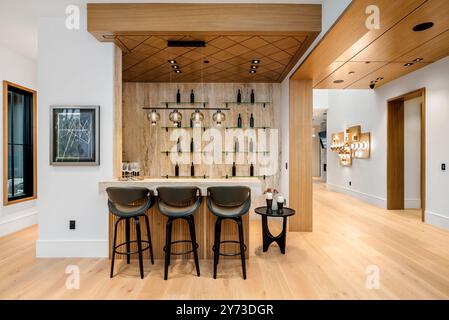 Bar moderne décoré de touches de bois, de tabourets et d'étagères en verre avec bouteilles de vin dans un cadre contemporain. Banque D'Images