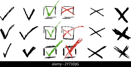 Ensemble de coches et de croix pour liste de tâches ou vote. Eléments vectoriels pour répondre par oui ou non aux questions de test. Crayon fusain rouge noir vert correct ou Illustration de Vecteur