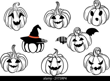 Icônes de visage de silhouette noire de personnage de citrouille d'Halloween. Les citrouilles sculptaient des émotions. Pictogramme isolé sur fond blanc transparent. Icône vectorielle Illustration de Vecteur