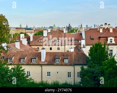 La photographie présente un paysage urbain européen médiéval en été, avec des toits vibrants et des détails architecturaux complexes. Banque D'Images