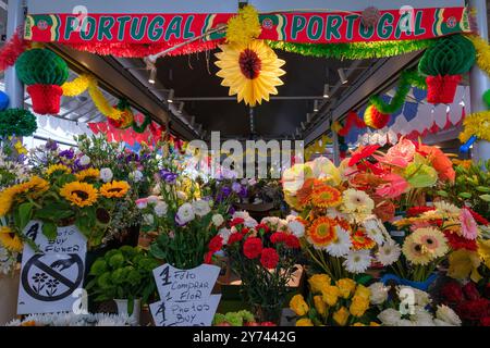 Un stand de fleurs dans le Mercado do Bolhao à Lisbonne, Portugal. Banque D'Images