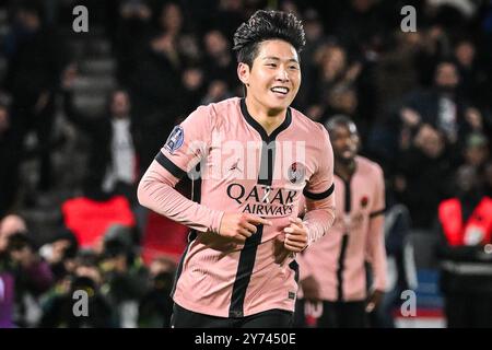 Paris, France. 27 septembre 2024. Lee Kang-IN du PSG célèbre son but lors du match de football de Ligue 1 entre le Paris Saint-Germain et le stade Rennais (Rennes) le 27 septembre 2024 au stade Parc des Princes à Paris, France - photo Matthieu Mirville/DPPI crédit : DPPI Media/Alamy Live News Banque D'Images