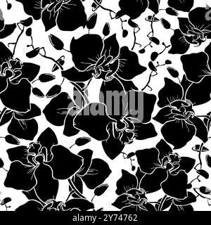 motif sans couture de grandes silhouettes noires d'orchidées sur fond blanc, texture, design Banque D'Images