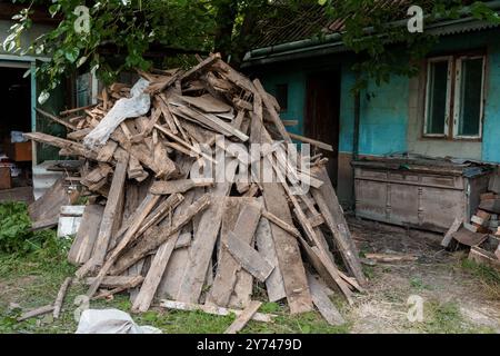 Un tas rustique de planches de bois altérées et de débris entouré d'une végétation luxuriante. Banque D'Images