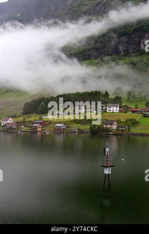 Vue sur l'Aurlandsfjord, un bras du Sognefjord (le plus grand fjord de toute la Norvège), Norvège. Banque D'Images