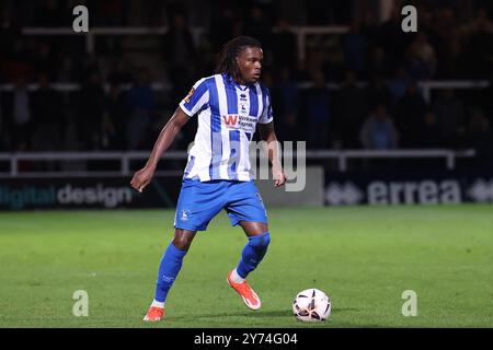 Nathan Asiimwe de Hartlepool United en action lors du match de la Ligue nationale de Vanarama entre Hartlepool United et Rochdale au Victoria Park, Hartlepool, le mardi 24 septembre 2024. (Photo : Mark Fletcher | mi News) crédit : MI News & Sport /Alamy Live News Banque D'Images