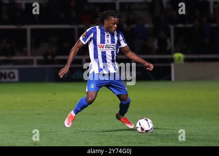 Nathan Asiimwe de Hartlepool United en action lors du match de la Ligue nationale de Vanarama entre Hartlepool United et Rochdale au Victoria Park, Hartlepool, le mardi 24 septembre 2024. (Photo : Mark Fletcher | mi News) crédit : MI News & Sport /Alamy Live News Banque D'Images