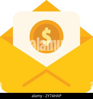Enveloppe jaune ouverte contenant une pièce d'un dollar et du papier blanc vierge, idéale pour le transfert d'argent, le paiement en ligne ou les concepts de dons Illustration de Vecteur