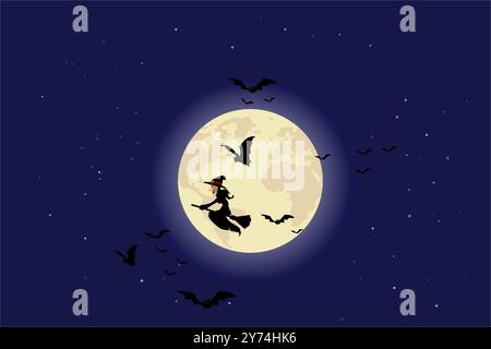 Sorcière chevauchant un balai flottant dans le ciel la nuit d'Halloween. Un troupeau de chauves-souris volait au milieu du clair de lune qui brillait de la grande lune. Banque D'Images