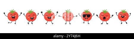 Flat Vector Cartoon Cute and Funny Tomato Character. Danser, sourire, heureux, chanter la tomate avec des visages et des émotions différents. Icône tomate, logo Illustration de Vecteur