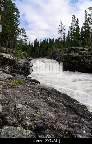 Cascade cascades dramatiques sur un terrain rocheux, la puissance brute de la nature et la beauté le long de la rivière dans la forêt sauvage d'Idre Dalarna Suède. Banque D'Images