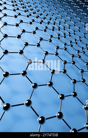 Illustration de la structure moléculaire du graphène. Le graphène est un allotrope 2D de carbone disposé dans un réseau en nid d'abeilles. Il possède des propriétés uniques telles que la conductivité thermique exceptionnelle, la résistance mécanique et la conductivité électrique. Banque D'Images
