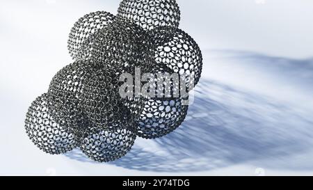 Illustration d'une mésoéponge de graphène. Les mésoéponges de graphène se composent d'une structure poreuse 3D faite de feuilles de graphène interconnectées. La structure unique de la mésoéponge offre une conductivité élevée, une flexibilité et une résistance mécanique remarquable, ce qui en fait un matériau prometteur pour le stockage de l'énergie, la catalyse, l'électronique et l'assainissement de l'environnement. Banque D'Images