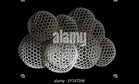 Illustration d'une mésoéponge de graphène. Les mésoéponges de graphène se composent d'une structure poreuse 3D faite de feuilles de graphène interconnectées. La structure unique de la mésoéponge offre une conductivité élevée, une flexibilité et une résistance mécanique remarquable, ce qui en fait un matériau prometteur pour le stockage de l'énergie, la catalyse, l'électronique et l'assainissement de l'environnement. Banque D'Images