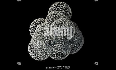 Illustration d'une mésoéponge de graphène. Les mésoéponges de graphène se composent d'une structure poreuse 3D faite de feuilles de graphène interconnectées. La structure unique de la mésoéponge offre une conductivité élevée, une flexibilité et une résistance mécanique remarquable, ce qui en fait un matériau prometteur pour le stockage de l'énergie, la catalyse, l'électronique et l'assainissement de l'environnement. Banque D'Images