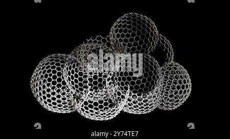 Illustration d'une mésoéponge de graphène. Les mésoéponges de graphène se composent d'une structure poreuse 3D faite de feuilles de graphène interconnectées. La structure unique de la mésoéponge offre une conductivité élevée, une flexibilité et une résistance mécanique remarquable, ce qui en fait un matériau prometteur pour le stockage de l'énergie, la catalyse, l'électronique et l'assainissement de l'environnement. Banque D'Images
