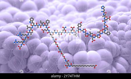 Illustration d'une molécule de sémaglutide devant les cellules graisseuses. Semaglutide est l'ingrédient actif dans les médicaments de perte de poids et de diabète Ozempic et Wegovy. Banque D'Images