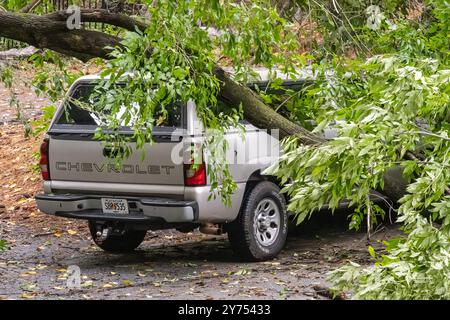 Des dommages à un véhicule causés par un arbre tombé ont été observés à la suite de la tempête de l'ouragan Helena dans le métro d'Atlanta le 27 septembre 2024. (ÉTATS-UNIS) Banque D'Images