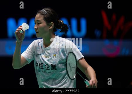 Macao, Chine. 28 septembre 2024. Lin Hsiang Ti réagit lors du match de demi-finale en simple féminin entre Lin Hsiang Ti du Taipei chinois et Miyazaki Tomoka du Japon au Macao Open Badminton 2024 à Macao, Chine du Sud, le 28 septembre 2024. Crédit : Cheong Kam Ka/Xinhua/Alamy Live News Banque D'Images