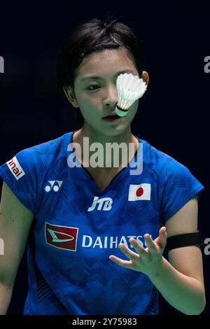 Macao, Chine. 28 septembre 2024. Miyazaki Tomoka réagit lors du match de demi-finale en simple féminin entre Lin Hsiang Ti du Taipei chinois et Miyazaki Tomoka du Japon au Macao Open Badminton 2024 à Macao, Chine du Sud, le 28 septembre 2024. Crédit : Cheong Kam Ka/Xinhua/Alamy Live News Banque D'Images