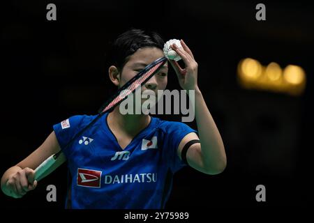 Macao, Chine. 28 septembre 2024. Miyazaki Tomoka participe à la demi-finale féminine entre Lin Hsiang Ti du Taipei chinois et Miyazaki Tomoka du Japon au Macao Open Badminton 2024 à Macao, Chine du Sud, le 28 septembre 2024. Crédit : Cheong Kam Ka/Xinhua/Alamy Live News Banque D'Images