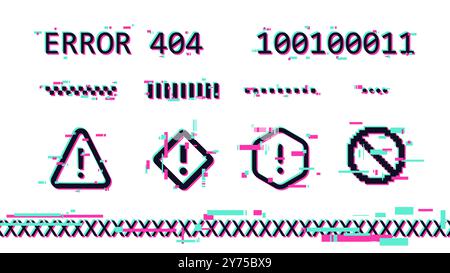 Texte d'erreur glitch 404 et icônes d'avertissement définis. Effet de distorsion rétro sur écran d'ordinateur, bug logiciel et concept de virus. Illustration de Vecteur