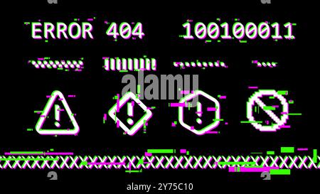 Texte d'erreur glitch 404 et icônes d'avertissement définis. Effet de distorsion rétro sur écran d'ordinateur, bug logiciel et concept de virus. Illustration de Vecteur