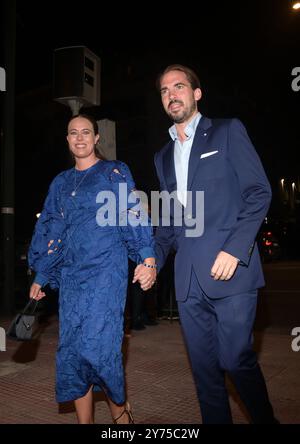 Athènes, Grèce. 27 septembre 2024. Le prince Philippos de Grèce et la princesse Nina de Grèce (née Nina Flohr) assistent au dîner pré-mariage de la princesse Théodora de Grèce à Matthieu Kumar au Musée byzantin et chrétien. Crédit : Dimitris Aspiotis/Alamy Live News Banque D'Images