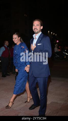 Athènes, Grèce. 27 septembre 2024. Le prince Philippos de Grèce et la princesse Nina de Grèce (née Nina Flohr) assistent au dîner pré-mariage de la princesse Théodora de Grèce à Matthieu Kumar au Musée byzantin et chrétien. Crédit : Dimitris Aspiotis/Alamy Live News Banque D'Images