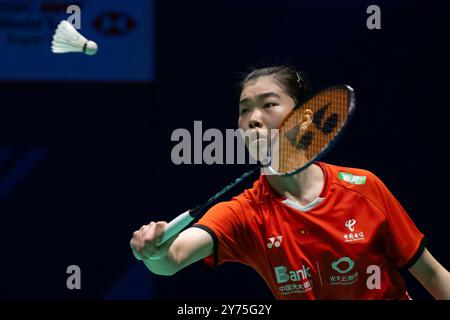 Macao, Chine. 28 septembre 2024. Gao Fangjie fait son retour lors du match de demi-finale en simple féminin entre Gao Fangjie de Chine et Chiu PIN-Chian de Taipei chinois au Macao Open Badminton 2024 à Macao, Chine du Sud, le 28 septembre 2024. Crédit : Cheong Kam Ka/Xinhua/Alamy Live News Banque D'Images