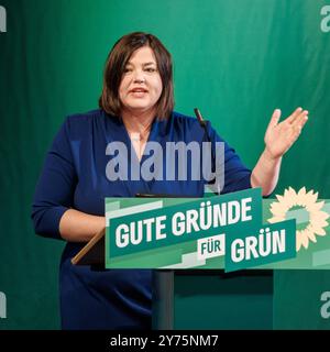 Hambourg, Allemagne. 28 septembre 2024. Katharina Fegebank (Bündnis 90/Die Grünen), sénatrice pour la science à Hambourg, intervient lors de la réunion des États membres du Parti vert de Hambourg, au cours de laquelle le programme électoral pour les élections législatives de 2025 doit être adopté. Crédit : Markus Scholz/dpa/Alamy Live News Banque D'Images