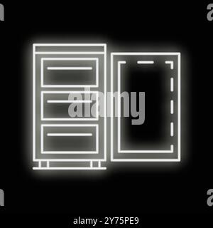 Ensemble de meubles en ligne néon lumineux blanc avec placard et icône de cadre vide isolé sur fond noir Illustration de Vecteur