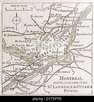 Carte du XIXe siècle de Montréal et de la région des rivières du Saint-Laurent et des Outaouais. Banque D'Images