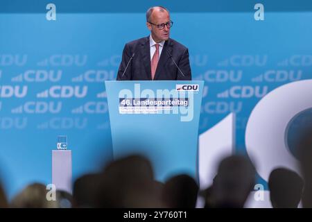 46. Landesparteitag der CDU Nordrhein-Westfalen AM 28.09.2024 in der Halle Münsterland in Münster Friedrich Merz Bundesparteivorsitzender CDU *** 46 Conférence des États parties de la CDU Rhénanie-du-Nord-Westphalie le 28 09 2024 dans la salle Münsterland à Münster Friedrich Merz Président du Parti fédéral CDU xJRx Banque D'Images