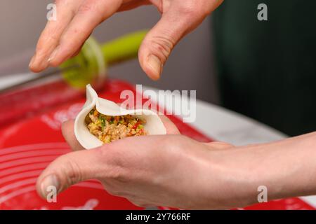 Une femme sculpte des boulettes dans la pâte avec une garniture de viande dans la cuisine. Cuisiner de délicieuses boulettes maison Banque D'Images