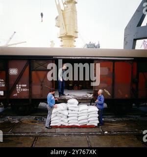 Arbeiter beim Entladen eines Zugs im Freihafen von Hamburg um 1986. Banque D'Images